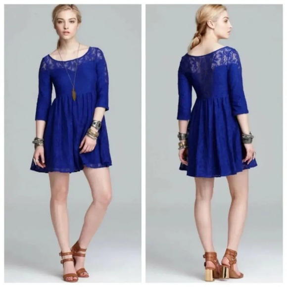 FREE PEOPLE Shake It Up Swing Mini Dress Blue Lace Size Small Skater - Picture 1 of 5